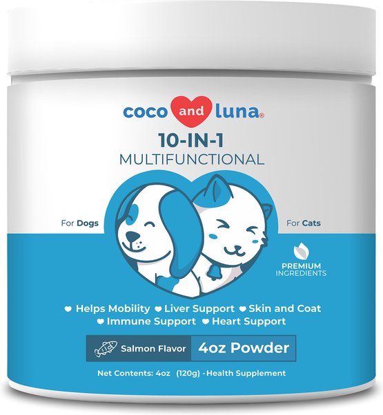 Coco and Luna Multivitamin 10-In-1 Salmon Flavor Powder Dog and Cat Supplement， 4-oz jar - Intensery