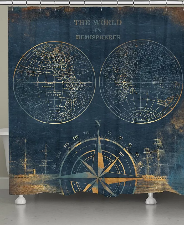 Laural Home Golden Comp Blue World Map Shower Curtain - Intensery