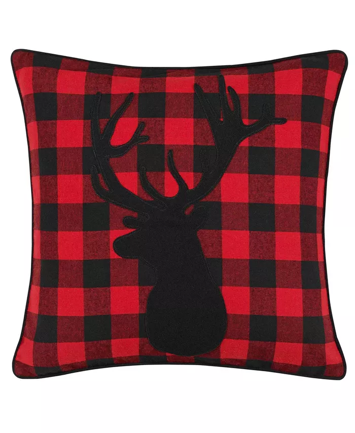 Eddie Bauer Cabin Plaid Stag Head Cotton Yarn Dye Flannel Reversible Throw Pillow - Intensery
