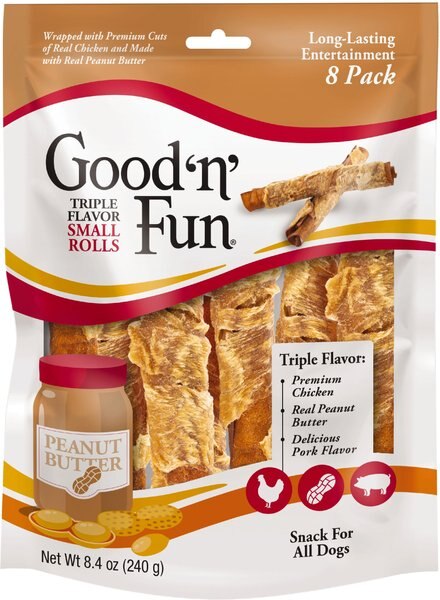 Good 'n' Fun Triple Flavor Peanut Butter Small Rolls Dog Rawhide Treat， 8.4-oz bag， 8 count - Intensery