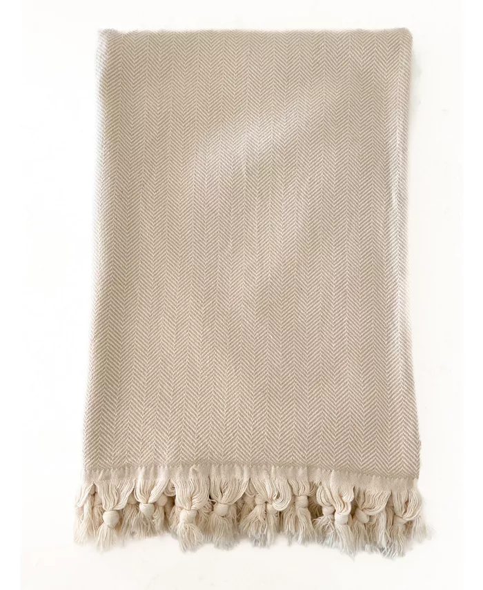 Anaya Home Beige Turkish Cotton Herringbone Throw Blanket with Tassels 55x75 - Intensery