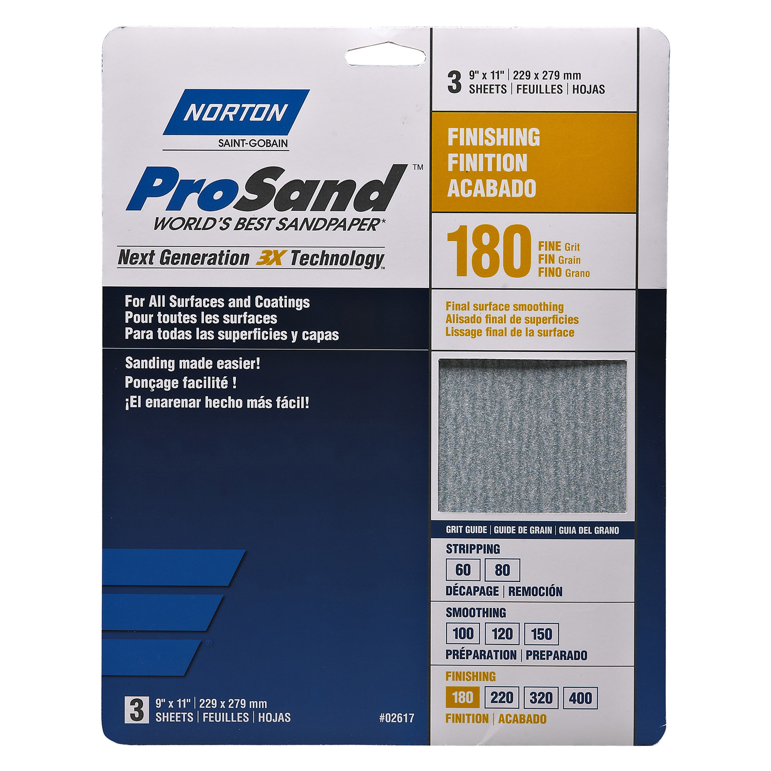 Norton ProSand 11 in. L X 9 in. W 180 Grit Aluminum Oxide Sandpaper 3 pk - Intensery