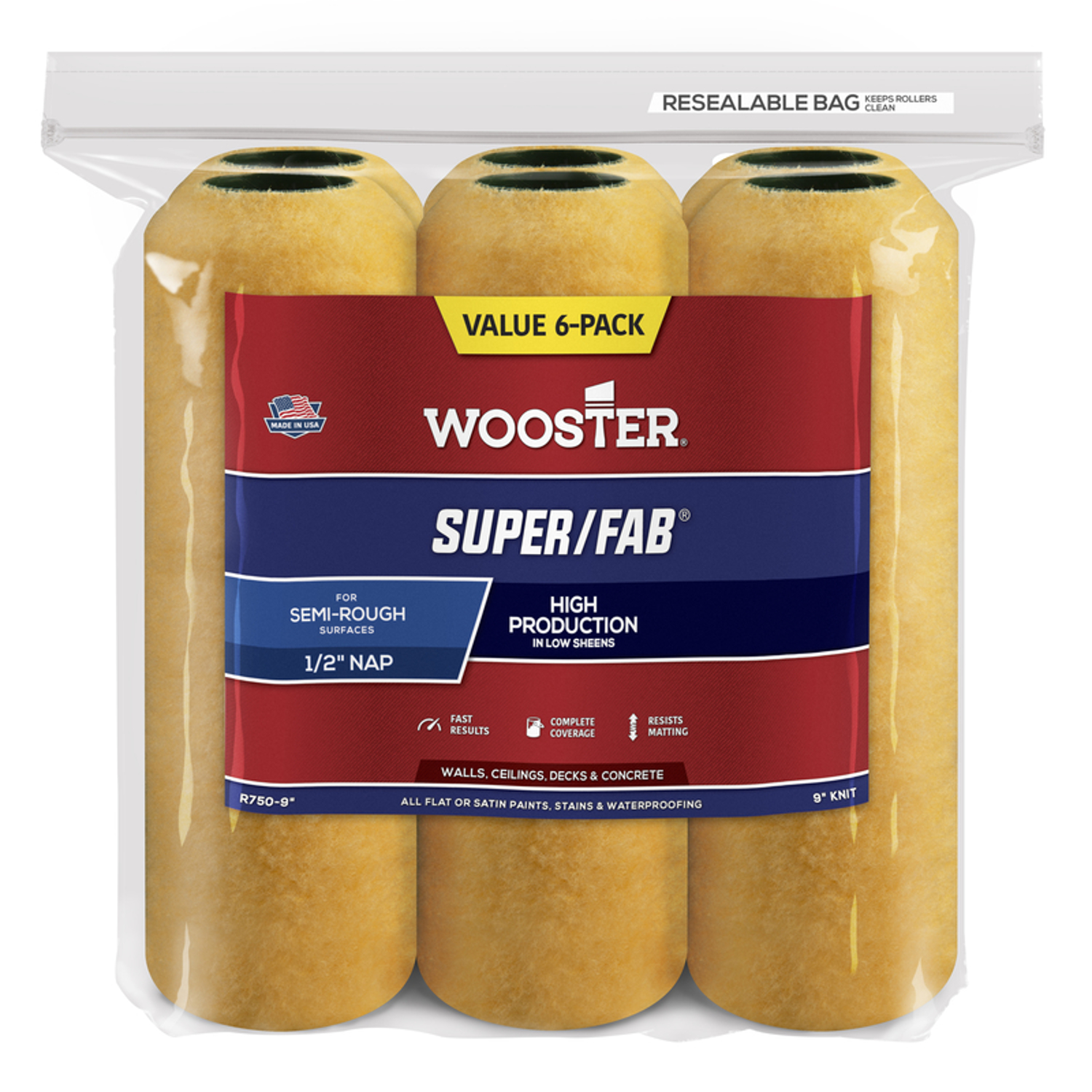 Wooster Super/Fab Knit 9 in. W X 1/2 in. Regular Paint Roller Cover 6 pk - Intensery