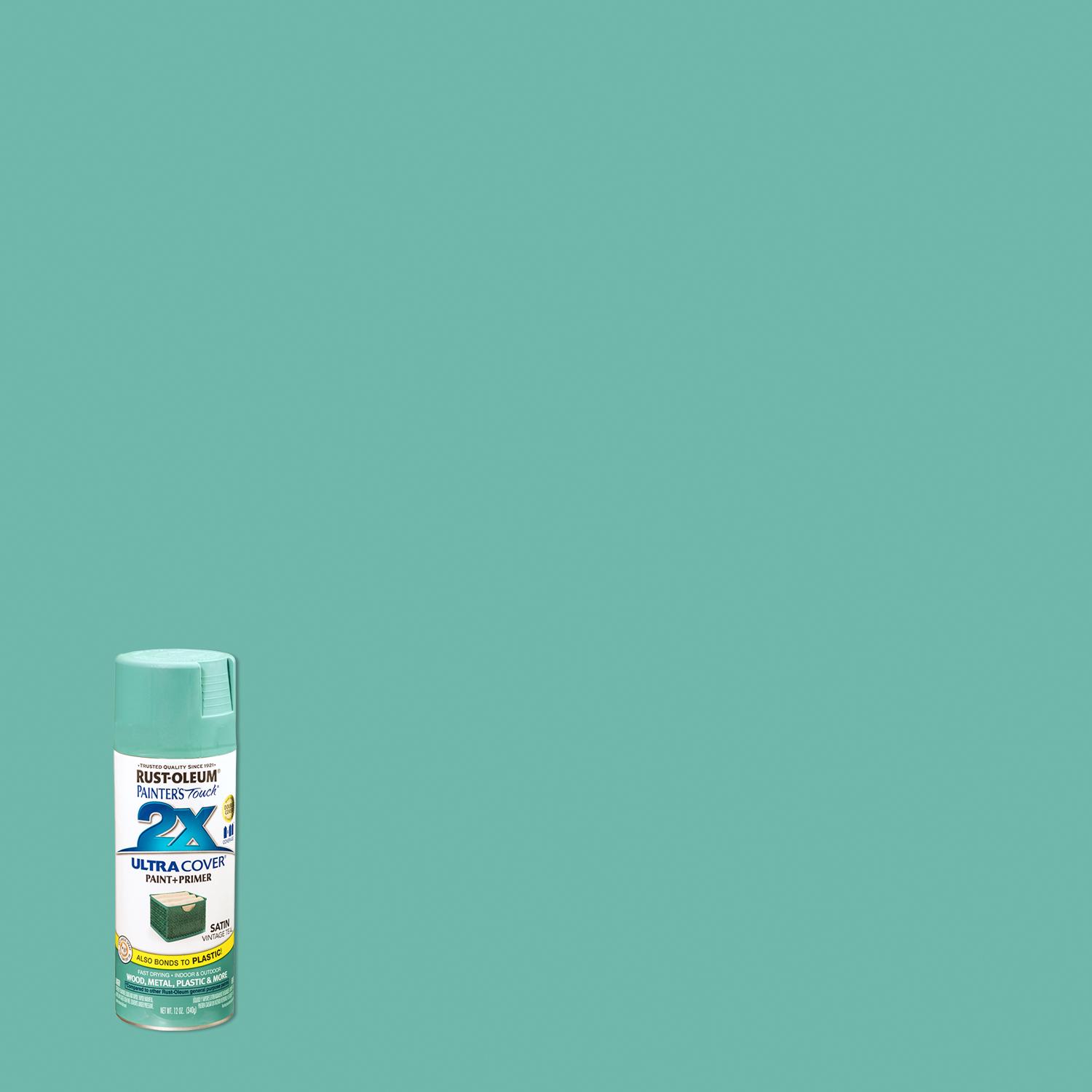 Rust-Oleum Painter\u0027s Touch 2X Ultra Cover Satin Vintage Teal Paint+Primer Spray Paint 12 oz - Intensery