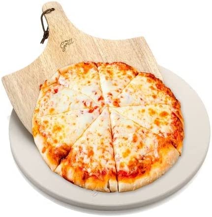 15 Inch Diameter Circular Pizza Stone for Oven Baking & BBQ Grilling With Free Wooden Peel, Durable Cordierite Cooking & Baking Stone - Intensery