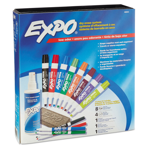 EXPO Low-Odor Dry Erase Marker， Eraser and Cleaner Kit， Assorted Tips， Assorted Colors， 12/Set (80054) - Intensery