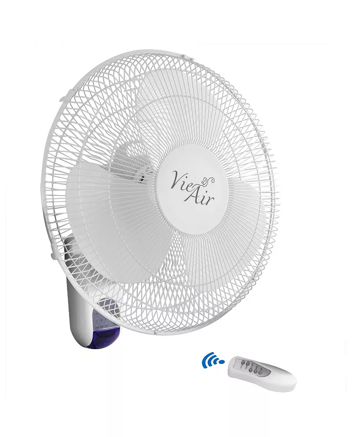 Vie Air 16 Inch 3 Speed Plastic Wall Fan with Remote Control in White - Intensery