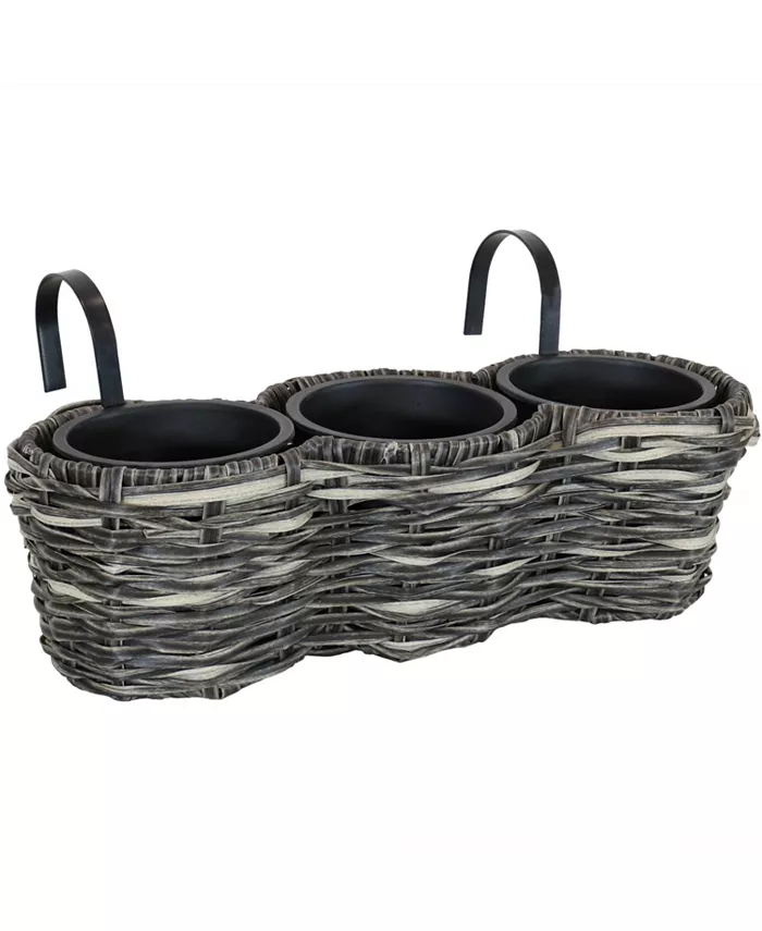 Sunnydaze Decor Polyrattan Hanging Over-the-Rail Tri-Planter and Liner - Charcoal - Intensery
