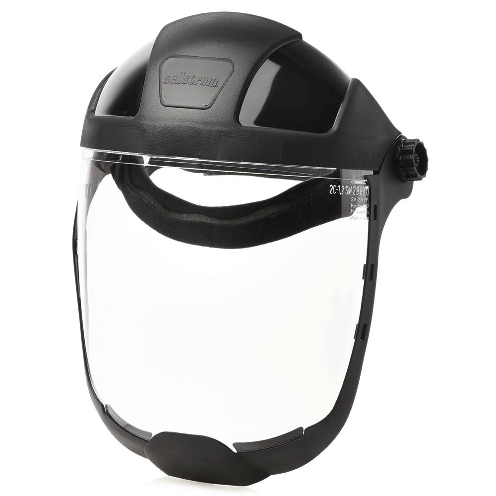 Multi-Purpose Single Crown Face Shield with Ratchet Headgear and Chin Guard， Clear Polycarbonate Window， Anti-Fog Coating， Black Crown - Intensery