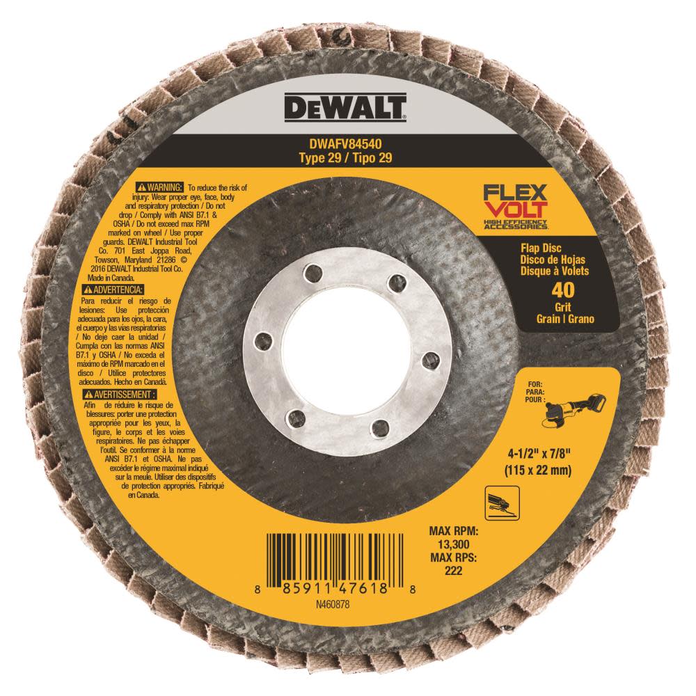 DEWALT FLEXVOLT 4-1/2 In. x 7/8 In. 40 g T29 Flap Disc DWAFV84540 from DEWALT - Intensery