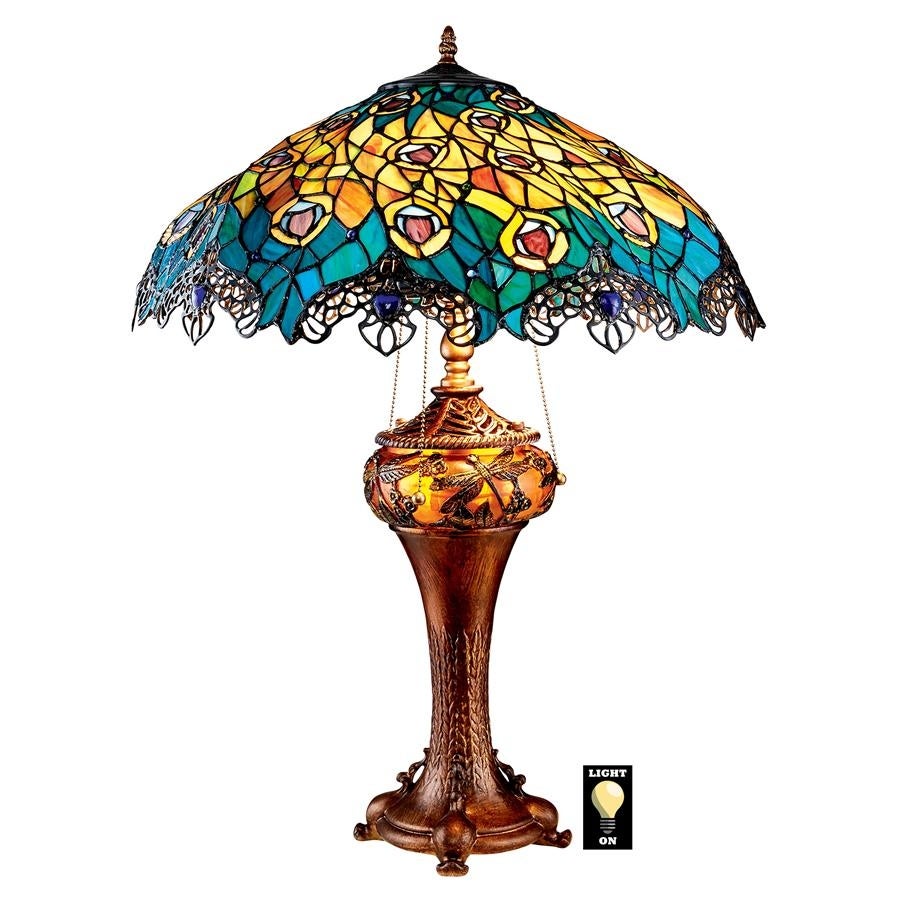 Design Toscano Art Nouveau Peacock Tiffany Style Stained Glass Table Lamp - Intensery