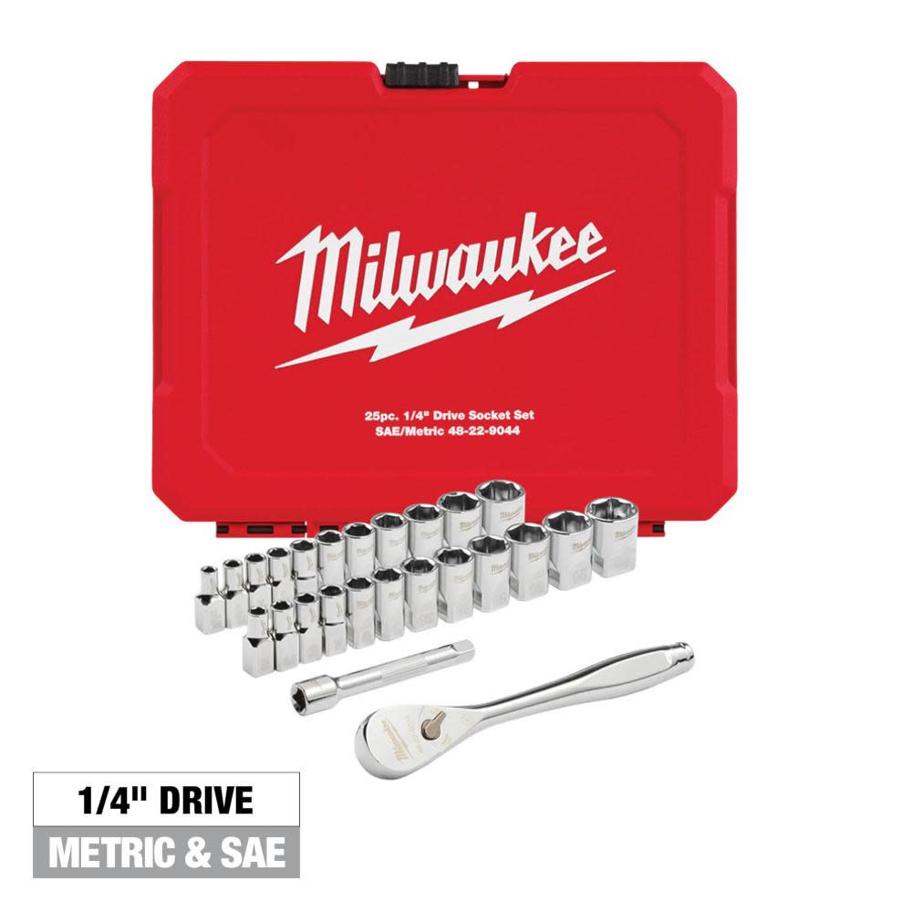 Milwaukee 1/4 Drive Metric and SAE Ratchet/Socket 25pc Set with FOUR FLAT SIDES - Intensery