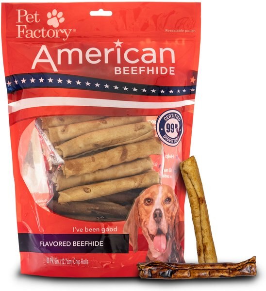 Pet Factory Beefhide Chip Rolls 5-inch Beef and Chicken Flavored Dehydrated Dog Hard Chews， 50 count - Intensery
