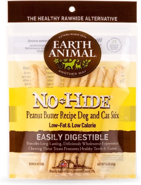 Earth Animal No-Hide Long Lasting Natural Rawhide Alternative Peanut Butter Recipe Stix Chew Dog and Cat Treat Sticks， 10 count - Intensery