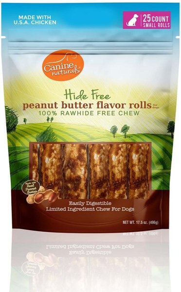 Canine Naturals 2.5-in Mini Roll Natural Peanut Butter Dog Chew Treat， 17.5-oz bag， 25 count - Intensery