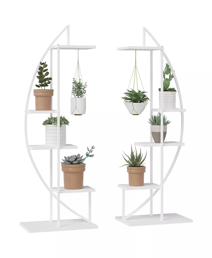 Outsunny 5 Tier Metal Plant Stand Half Moon Shape Ladder Flower Pot Holder Shelf for Indoor Outdoor Patio Lawn Garden Balcony Decor， 2 Pack， White - Intensery