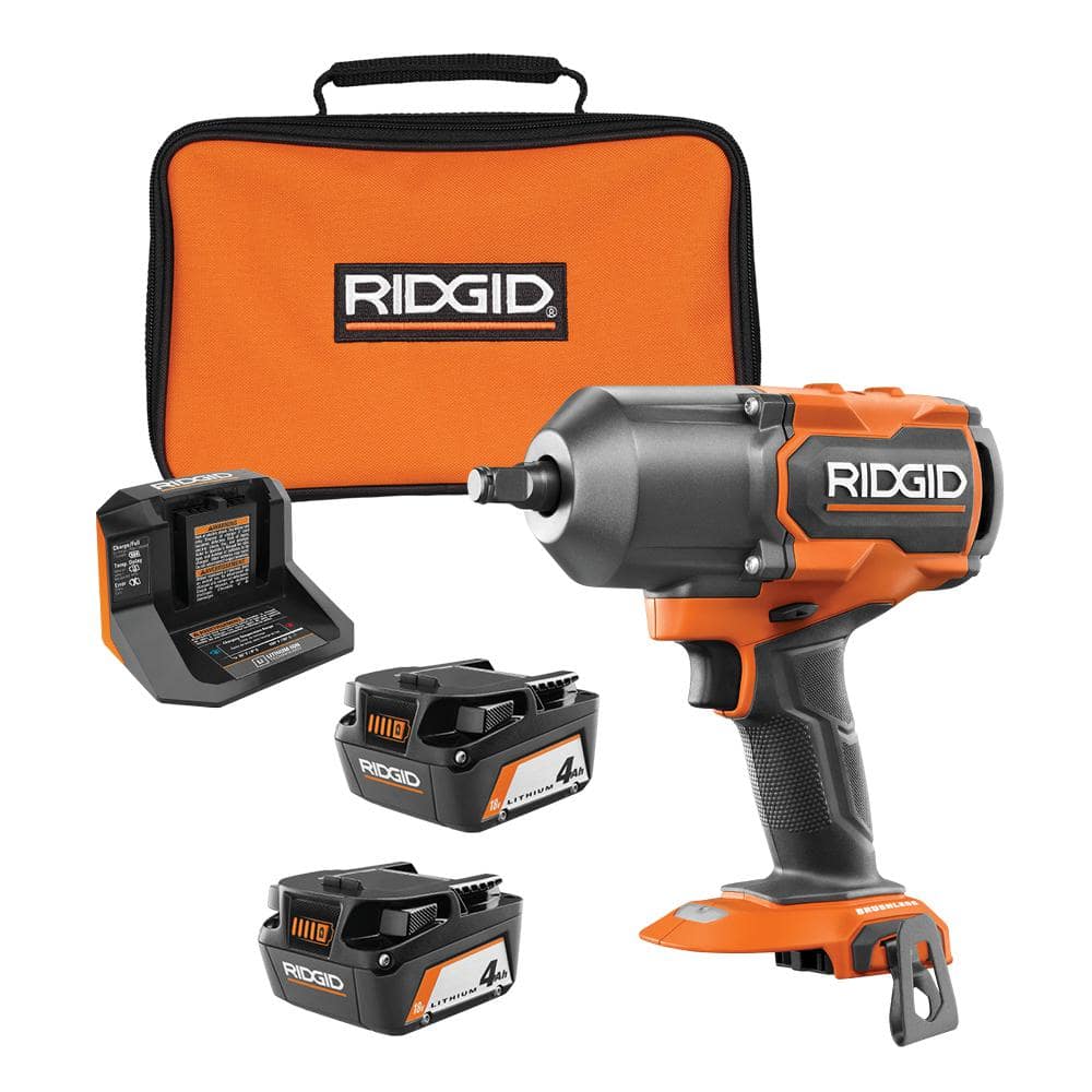 RIDGID 18V Brushless Cordless 4-Mode 1/2 in. High-Torque Impact Wrench with (2) 4.0 Ah Batteries, Charger, and Bag R86212B-AC93044SBN - Intensery