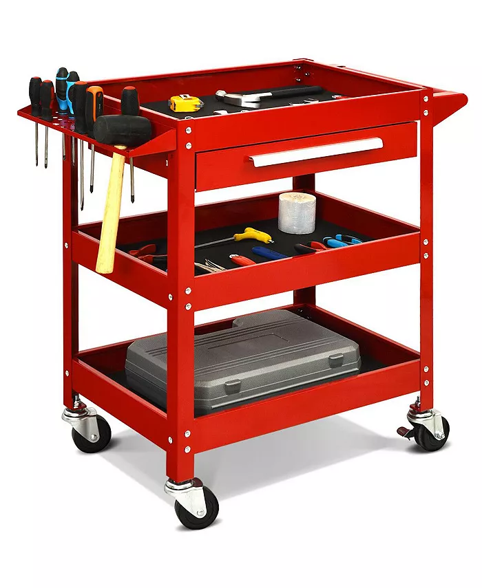 Costway Three Tray Rolling Tool Cart Mechanic Cabinet Storage ToolBox Organizer w Drawer - Intensery