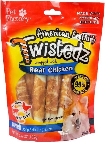 Pet Factory Twistedz 5-inch Beefhide Chip Rolls Chicken Flavored Wrap Dog Hard Chews， 8 count - Intensery
