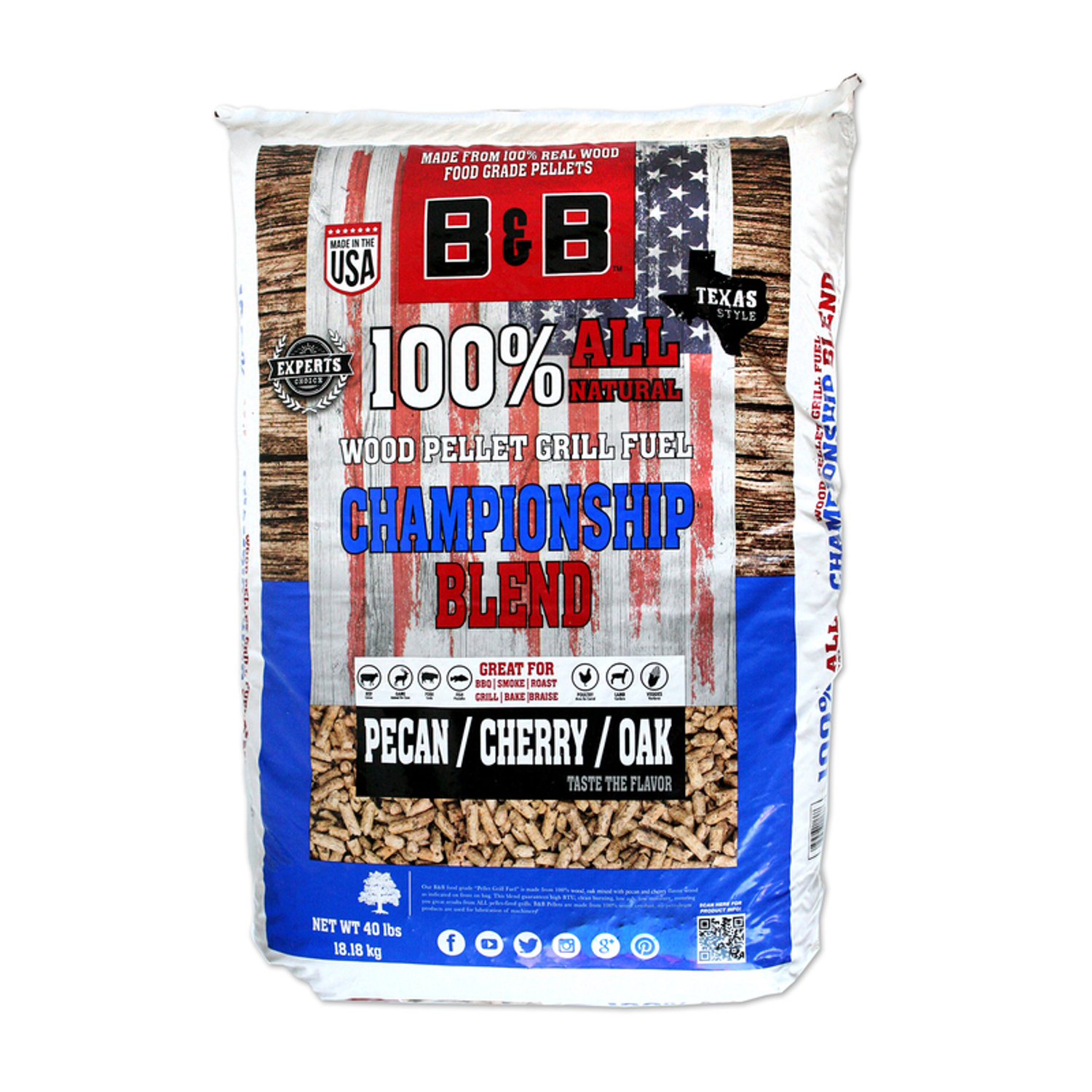 B\u0026B Charcoal Championship Blend Hardwood Pellets All Natural Cherry/Oak/Pecan 40 lb - Intensery