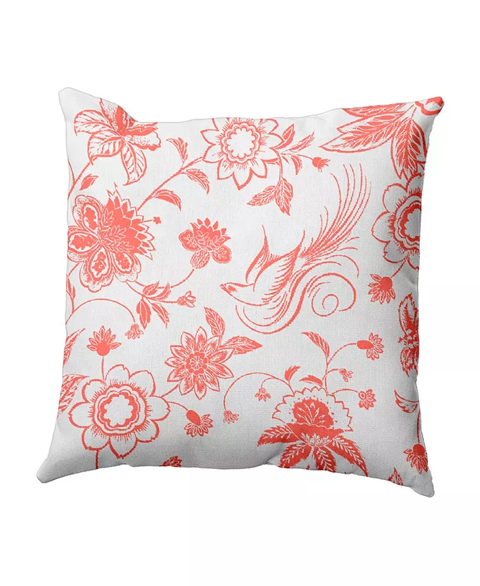 E by Design Traditional Bird Floral 16 Inch Coral Decorative Floral Throw Pillow - Intensery