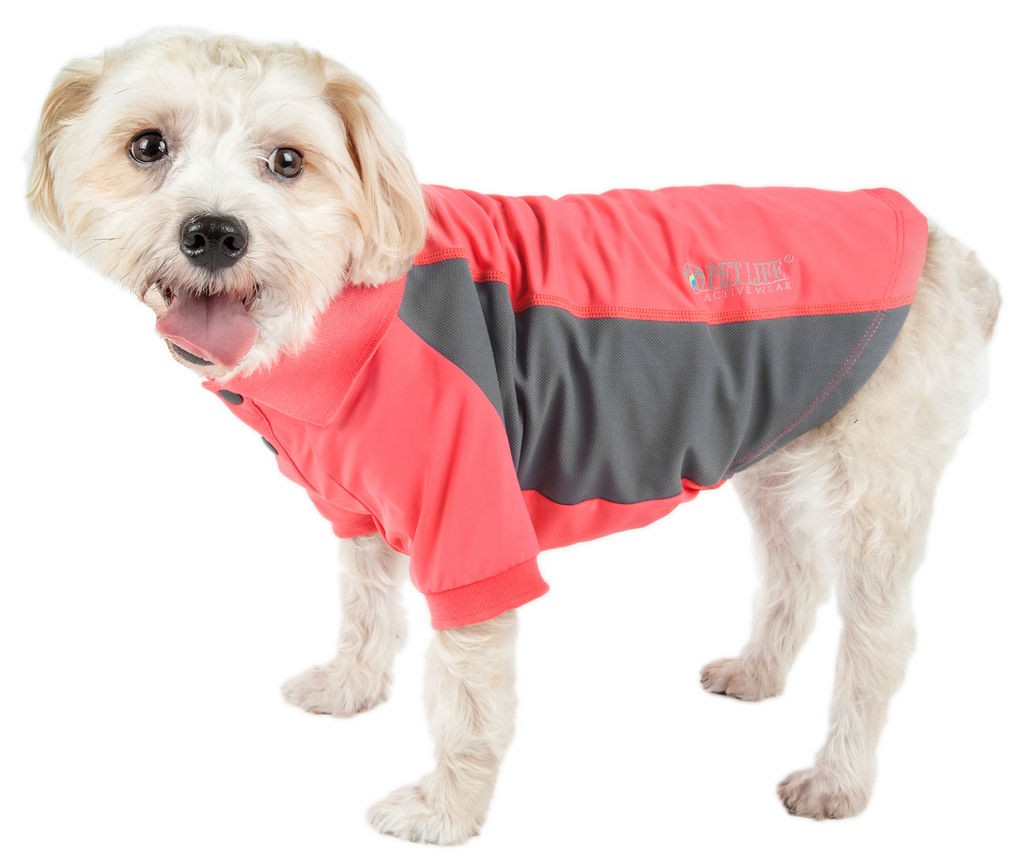 Pet Life Active 'Barko Pawlo' Relax-Stretch Wick-Proof Performance Dog Polo T-Shirt in Salmon Red And Dark Grey (X-small) - Pet Life PLHL1RDXS - Intensery