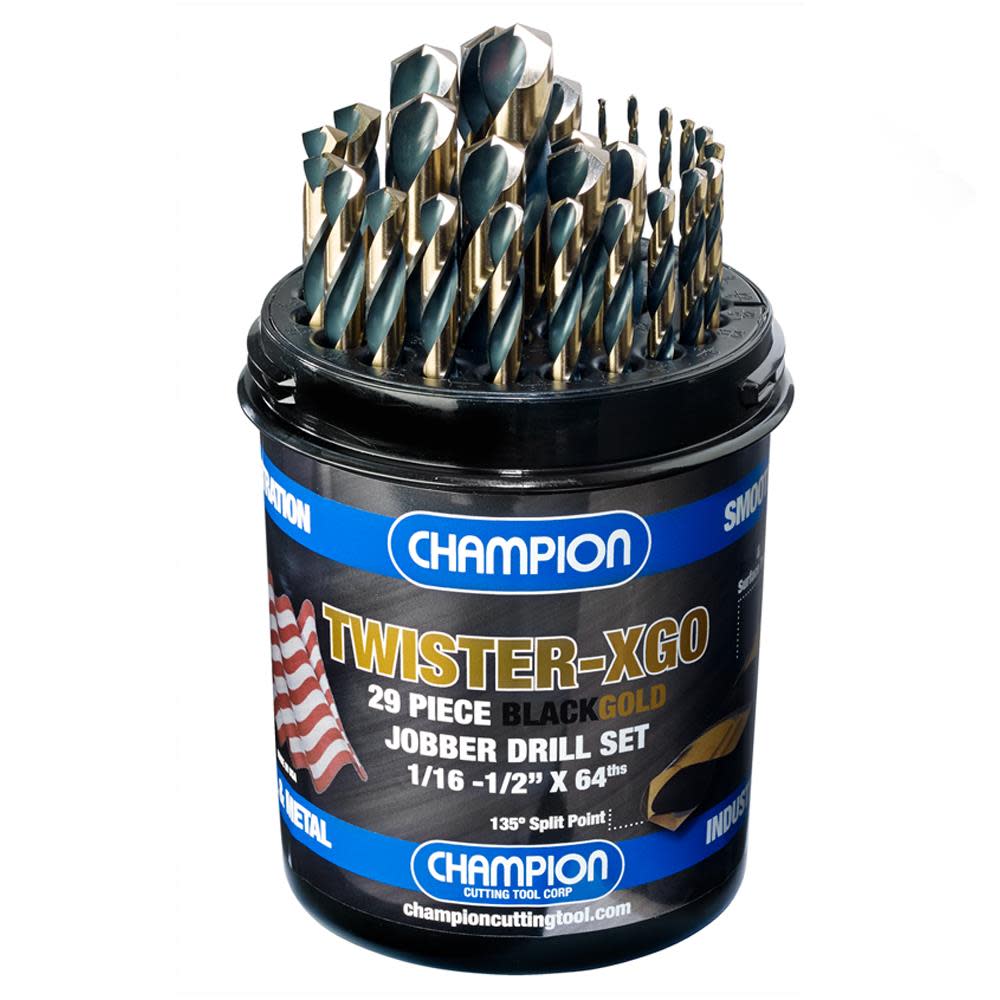 TWISTER-XGO 29 Piece Black and Gold Jobber Drill Bit Set， 1/16-1/2 In. x 64ths - Intensery