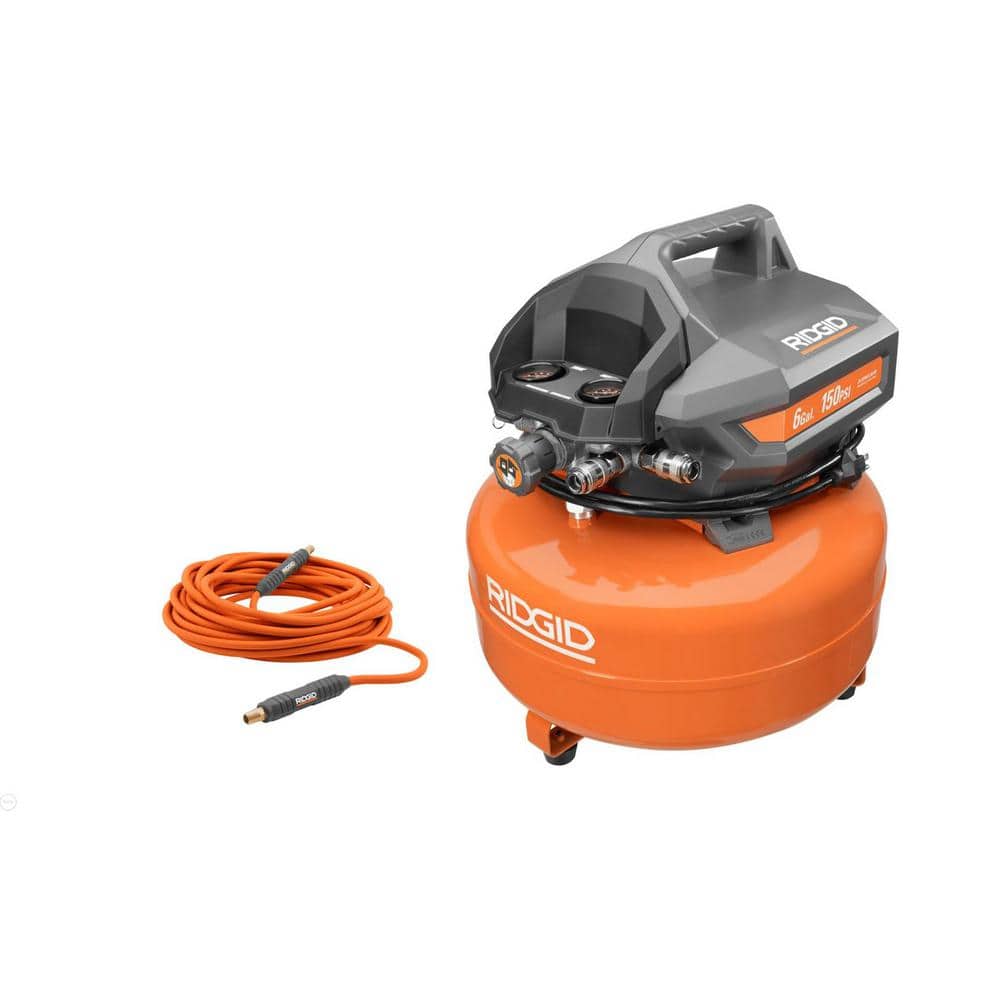 RIDGID 6 Gal. Portable Electric Pancake Air Compressor with 1/4 in. 50 ft. Lay Flat Air Hose OF60150HB-R5025LF - Intensery