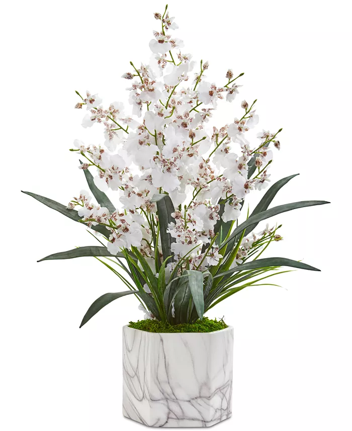 Nearly Natural Dancing Lady Orchid Artificial Arrangement in Faux Marble Vase - Intensery