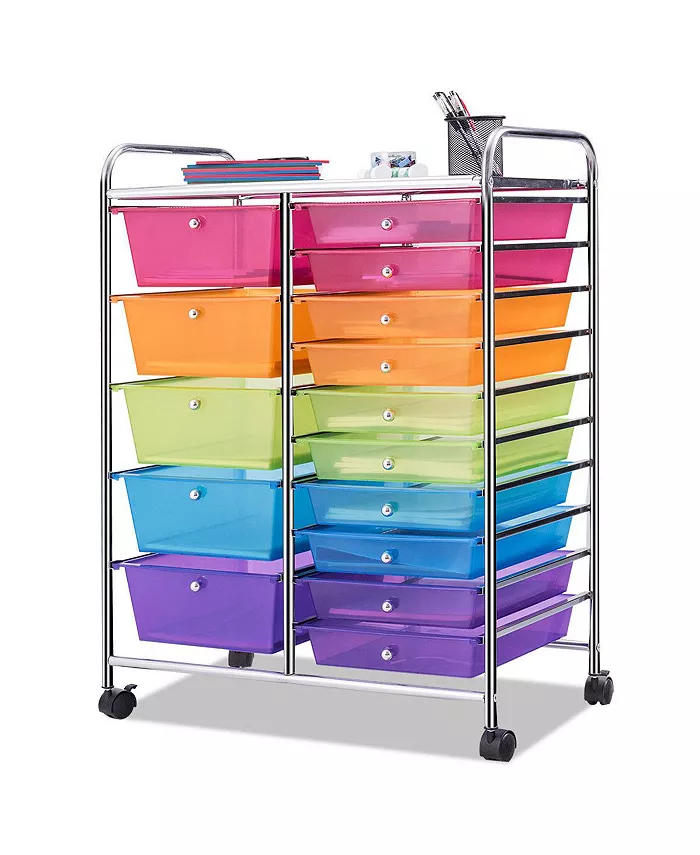 Costway 15 Drawer Rolling Storage Cart Tools Scrapbook Paper Office School Organizer - Intensery