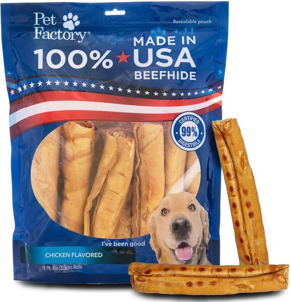 Pet Factory Beefhide 8-inch Rolls Chicken Flavored Dog Hard Chews， 15 count - Intensery