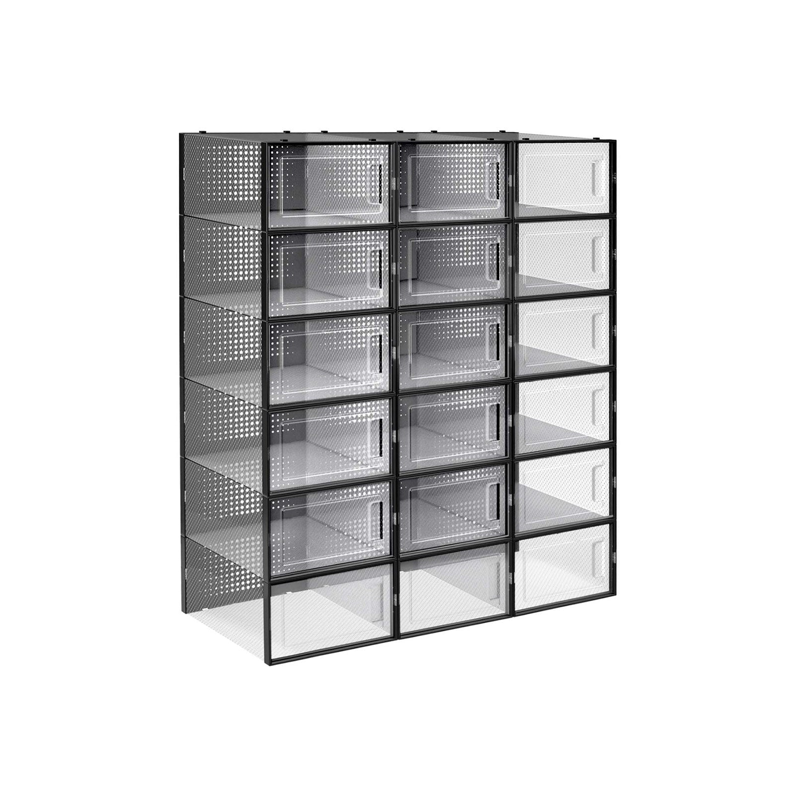 SONGMICS Pack of 18 Stackable Shoe Storage OrganizersTransparent + Black/9.1 X 13.1 X 5.5 Inches - Intensery