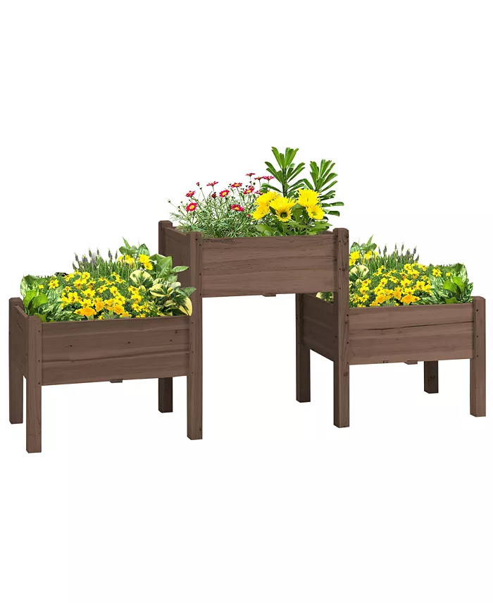 Outsunny Raised Garden Bed with 3 Planter Box， Freestanding Wooden Plant Stand with Drainage Holes， for Vegetables， Herb and Flowers， Coffee - Intensery