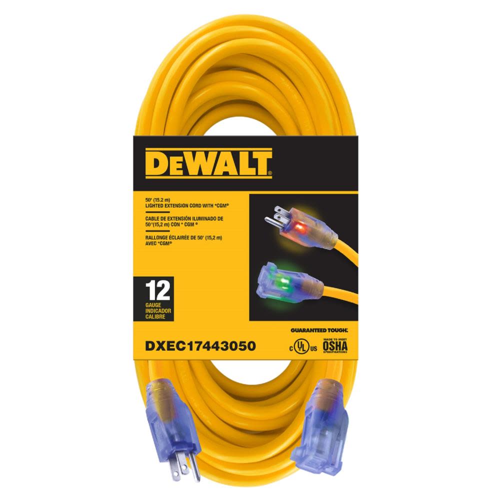 DEWALT 50' 12/3 SJTW Lighted Extension Cord Yellow DXEC17443050 from DEWALT - Intensery