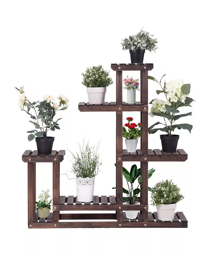Costway Outdoor Wooden Plant Flower Display Stand 6 Wood Shelf Storage Rack - Intensery