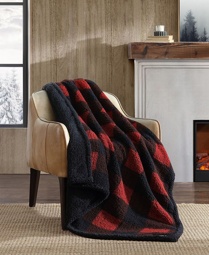 Eddie Bauer Cabin Plaid Sherpa Reversible 2 Piece Throw and Pillow Cover Set - Intensery