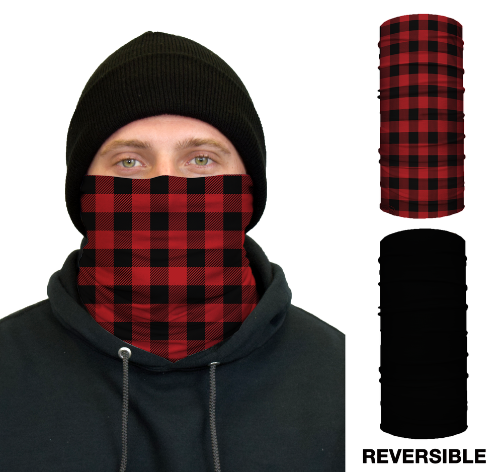 John Boy Thermal Face Guard Reversible Red Plaid and Black Pattern - Intensery