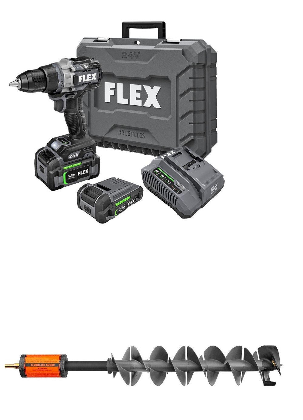8.5 Ice Auger with Flex 24V 1/2 2 Speed Drill Driver With Turbo Mode Kit - Intensery