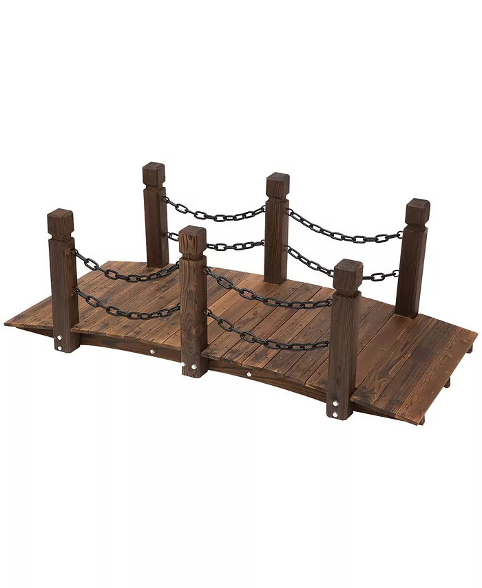 Outsunny Wooden Garden Bridge Stained Finish Walkway with Metal Chain Railings - Intensery