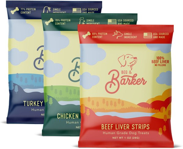Beg and Barker The Beef and His Bird Variety Pack Chicken， Turkey and Beef Liver Dog Jerky Treats - Intensery