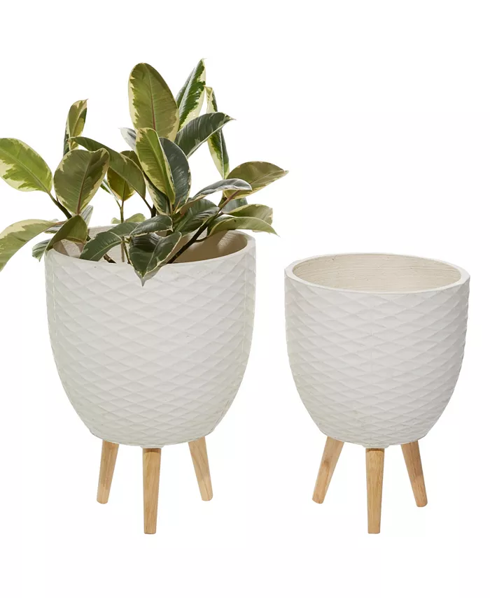 Rosemary Lane White Ceramic Indoor Outdoor Planter with Wood Legs Set of 2 - Intensery