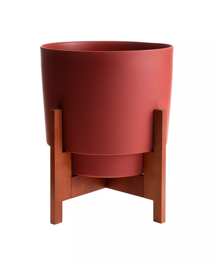 Bloem Hopson Planter w  Wood Stand， Burnt Red， 10 inches - Intensery