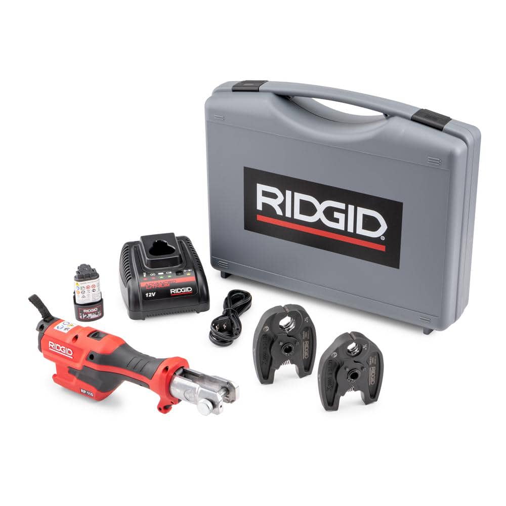 RIDGID RP 115 Mini Press Tool Kit for 1/2 in. - 3/4 in. Copper & Stainless Fittings with 12V Li-Ion Battery (Includes 6 Items) 72553 - Intensery