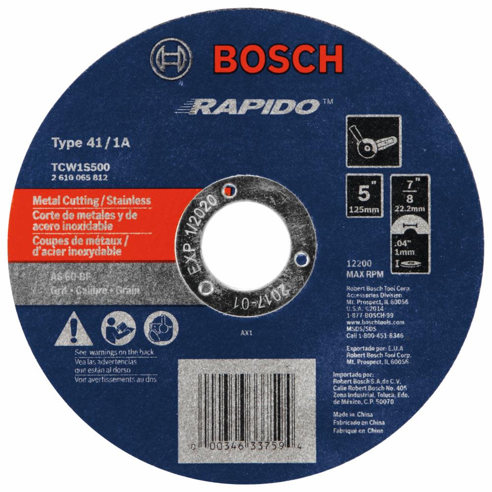 Bosch 5 In. .040 In. 7/8 In. Arbor Type 1A (ISO 41) 60 Grit Rapido Fast Metal/Stainless Cutting Abrasive Wheel TCW1S500 from Bosch - Intensery