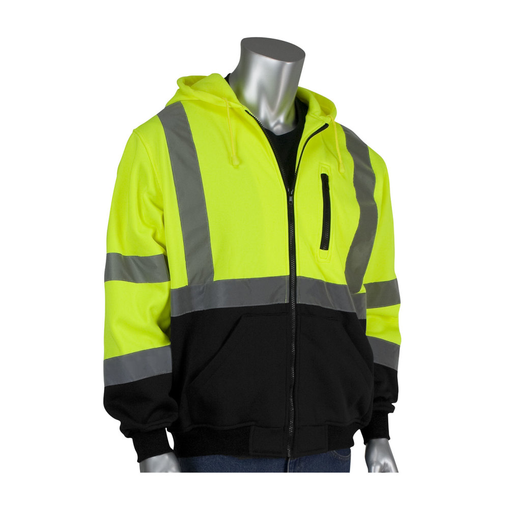 Protective Industrial Products ANSI R3 Full Zip Hooded Sweatshirt Hi Vis Lime Yellow Small - Intensery