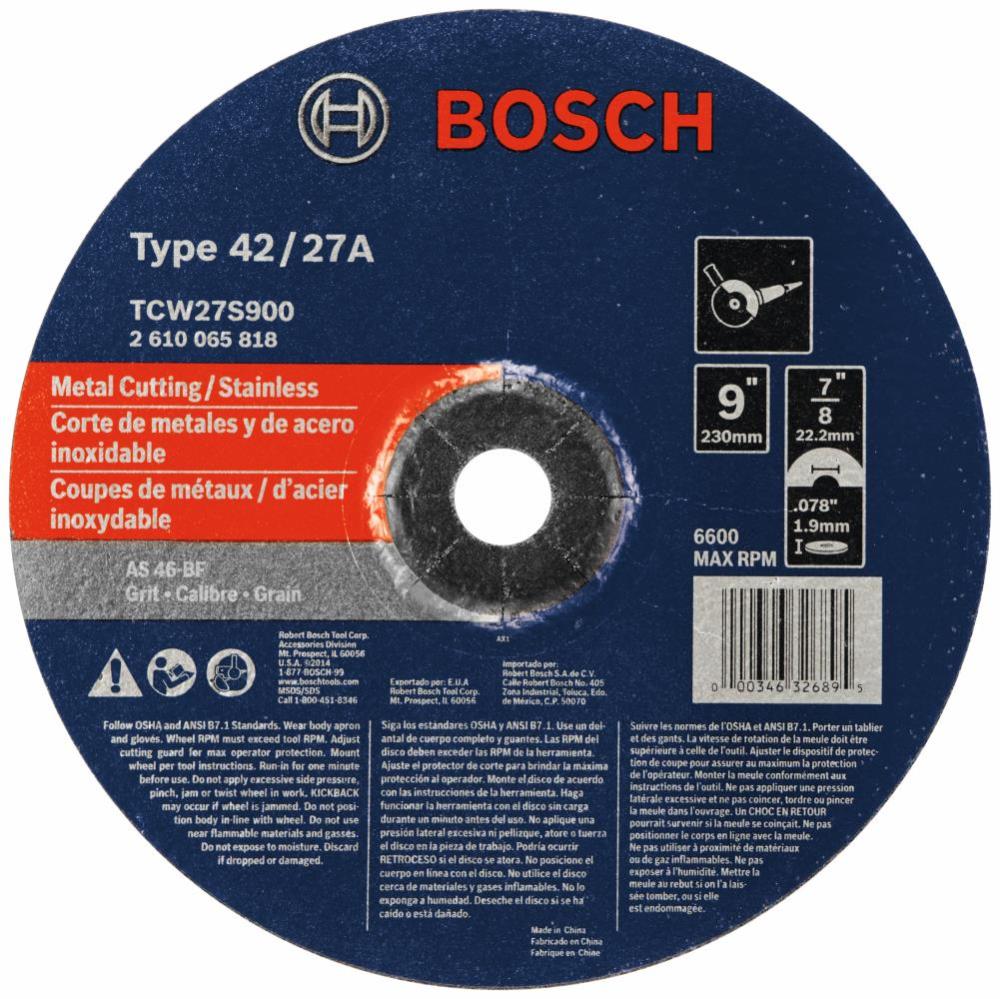 Bosch 9 In. 5/64 In. 7/8 In. Arbor Type 27A (ISO 42) 46 Grit Rapido Fast Metal/Stainless Cutting Abrasive Wheel TCW27S900 from Bosch - Intensery