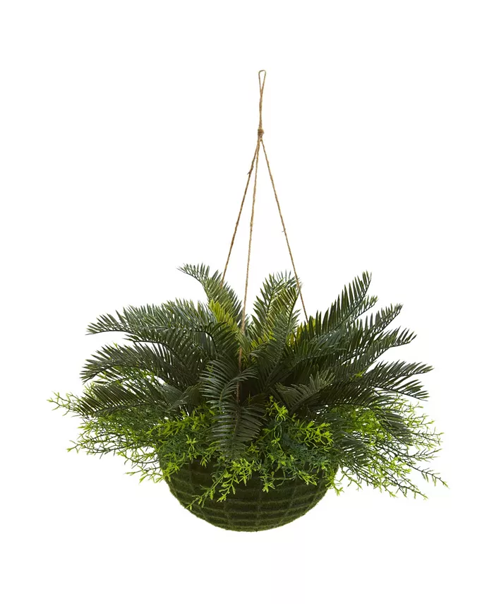Nearly Natural Cycas Artificial Plant in Mossy Hanging Basket (Indoor Outdoor) - Intensery