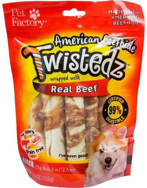 Pet Factory Twistedz 5-inch Beefhide Chip Rolls Beef Flavored Wrap Dog Hard Chews， 8 count - Intensery