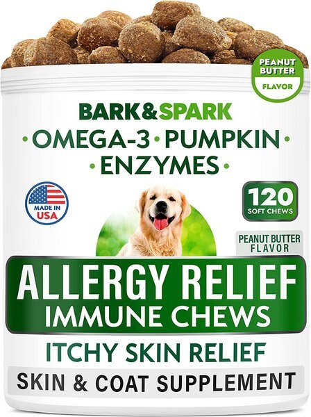 BarkandSpark Allergy Relief Immune Chews Dog Treats Skin and Coat Supplement， 120 count - Intensery