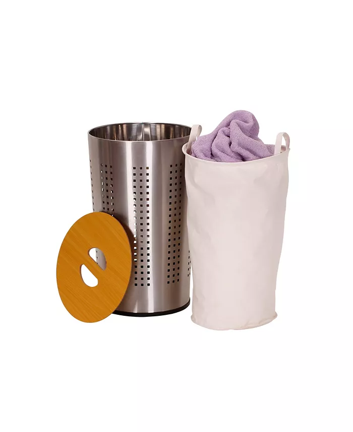 Household Essentials Round Metal Laundry Hamper with Wood Lid - Intensery